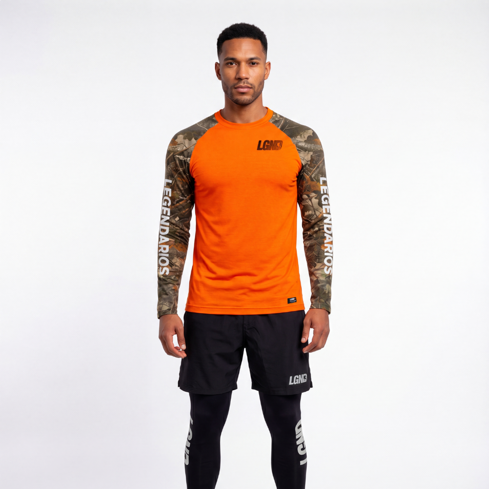 Camiseta Manga Longa Dry-Fit Manga Camuflada - Laranja Camiseta Manga Longa Dry-Fit Manga Camuflada - Laranja