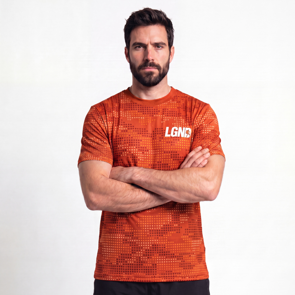 Camiseta Masculina Tecido Fitness Pontilhado - Laranja Camiseta Masculina Tecido Fitness Pontilhado - Laranja