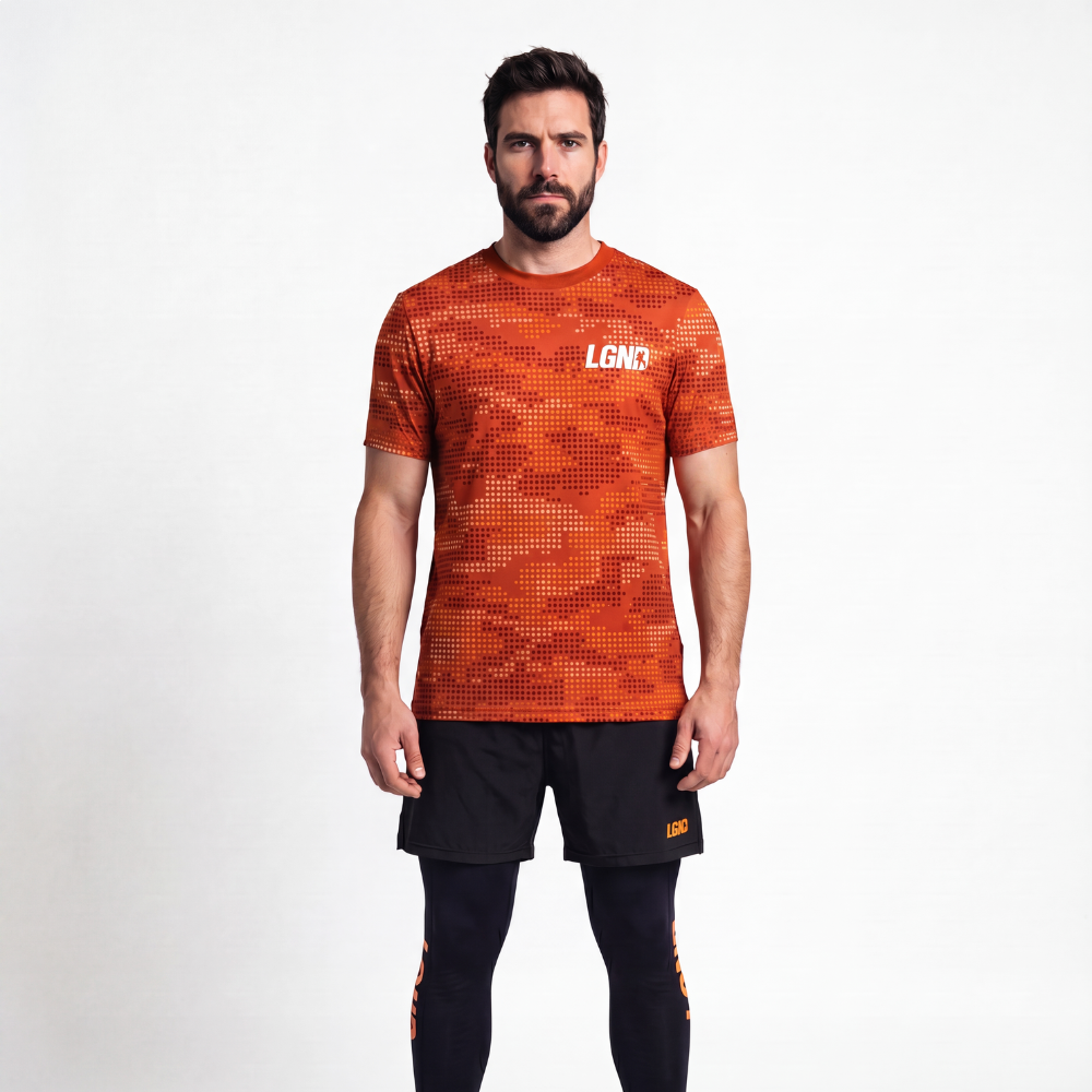 Camiseta Masculina Tecido Fitness Pontilhado - Laranja Camiseta Masculina Tecido Fitness Pontilhado - Laranja