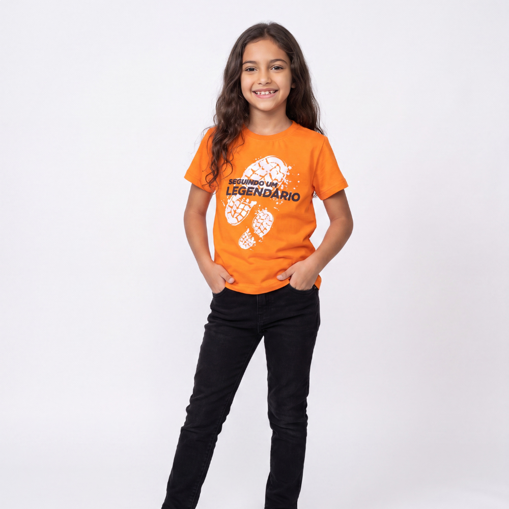 Camiseta Seguindo um Legendário (Pegadas) - Laranja Camiseta Seguindo um Legendário (Pegadas) - Laranja