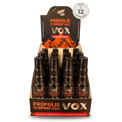 SPRAY PRÓPOLIS VOX - GENGIBRE E ROMÃ - Pack com 12 - AHU SUPERFOODS SPRAY PRÓPOLIS VOX - GENGIBRE E ROMÃ - Pack com 12 - AHU SUPERFOODS